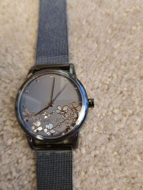 Nine West Floral Dial Mesh Bracelet Watch Gunmetal Gray